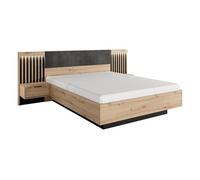 Lit avec chevets 160 x 200 cm - Avec LEDs - Coloris : Naturel et noir - ARIADA