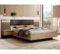 Lit avec chevets 160 x 200 cm - Avec LEDs - Coloris : Naturel et noir + Sommier - ARIADA