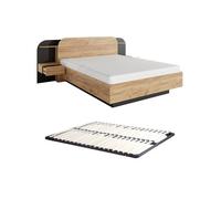 Lit avec chevets 160 x 200 cm - Avec LEDs - Coloris : Naturel et noir + Sommier - JUVISIA