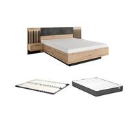 Lit avec chevets 160 x 200 cm - Avec LEDs - Coloris : Naturel et noir + Sommier + Matelas - ARIADA
