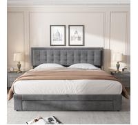 Lit avec coffre 180 x 200 cm et tiroirs, tissu en velours, lit capitonné, sommier, lit double, grand espace de rangement, Gris