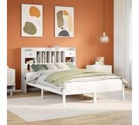 Lit avec Étagère Intégrée, en Pin Massif Blanc, Cadre de Lit 140x200 cm avec Tête de Lit Bibliothèque, Design Gain de Place, Idéal pour Chambre Adulte ou Enfant, Sans Matelas, 228.5 x 146 x 110 cm