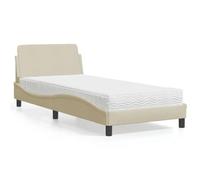 Lit avec Matelas en Mousse 90x190 cm Crème Tissu, Cadre de Moderne avec Tête de Lit, Sommier à Lattes, Confort H2/H3 pour Chambre à Coucher et Chambre d'Invite