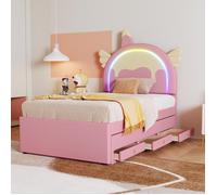 Lit avec rangement 90x200 cm en PU rose, forme licorne avec lit gigogne et tiroirs - MDF durable pour chambre d'enfant