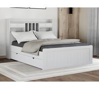 Lit avec rangements 140 x 190 cm - Pin - Blanc + Sommier + Matelas - MEDERICK