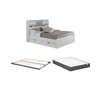 Lit avec rangements 140 x 190 cm - Pin - Blanc + Sommier + Matelas - MEDERICK