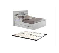 Lit avec rangements 140 x 190 cm - Pin - Blanc + Sommier - MEDERICK