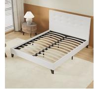 Lit 120x190cm simili cuir blanc avec tête de lit boutonnée, sommier lattes en bois Blanc