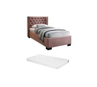 Lit avec tête de lit capitonnée - 90 x 200 cm - Velours rose + matelas - MASSIMO II