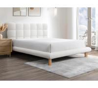 Lit avec tête de lit matelassée 160 x 200 cm - Tissu bouclette - Blanc + Matelas - FUDALI