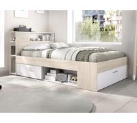 Lit avec tête de lit rangements et tiroir - 120 x 190 cm - Coloris : Naturel et blanc - LEANDRE