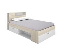 Lit avec tête de lit rangements et tiroir - 120 x 190 cm - Coloris : Naturel et blanc - LEANDRE
