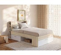 Lit avec tête de lit rangements et tiroir - 120 x 190 cm - Naturel et blanc + Sommier + Matelas - LEANDRE