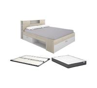 Lit avec tête de lit rangements et tiroir - 180 x 200 cm - Coloris : Naturel et blanc + Sommier + Matelas - LEANDRE