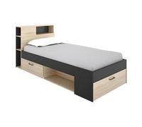 Lit avec tête de lit rangements et tiroir - 90 x 190 cm - Anthracite et naturel - LEANDRE