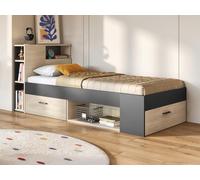 Lit avec tête de lit rangements et tiroir - 90 x 190 cm - Anthracite et naturel - LEANDRE