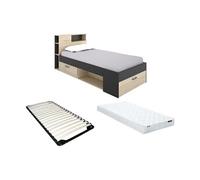 Lit avec tête de lit rangements et tiroir - 90 x 190 cm - Anthracite et naturel + matelas + sommier - LEANDRE