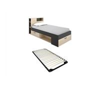 Lit avec tête de lit rangements et tiroir - 90 x 190 cm - Anthracite et naturel + Sommier - LEANDRE