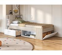 Lit avec tête de lit rangements et tiroir - 90 x 190 cm - Blanc et Naturel - LEANDRE