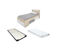 Lit avec tête de lit rangements et tiroir - 90 x 190 cm - Blanc et Naturel + matelas + sommier - LEANDRE