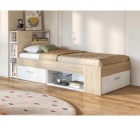 Lit avec tête de lit rangements et tiroir - 90 x 190 cm - Blanc et Naturel + matelas + sommier - LEANDRE