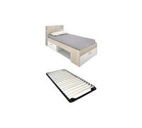 Lit avec tête de lit rangements et tiroir - 90 x 190 cm - Blanc et Naturel + Sommier - LEANDRE
