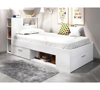 Lit avec tête de lit rangements et tiroir - 90 x 190 cm - Blanc - LEANDRE