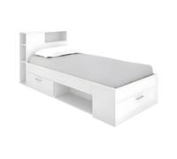 Lit avec tête de lit rangements et tiroir - 90 x 190 cm - Blanc - LEANDRE