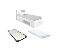 Lit avec tête de lit rangements et tiroir - 90 x 190 cm - Blanc + matelas + sommier - LEANDRE
