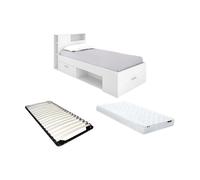 Lit avec tête de lit rangements et tiroir - 90 x 190 cm - Blanc + matelas + sommier - LEANDRE