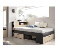 Lit avec tête de lit rangements et tiroirs - 120 x 190cm - Coloris : Naturel et anthracite - LEANDRE