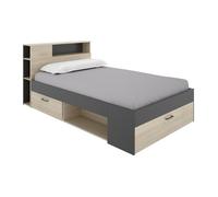 Lit avec tête de lit rangements et tiroirs - 120 x 190cm - Coloris : Naturel et anthracite - LEANDRE