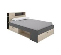 Lit avec tête de lit rangements et tiroirs - 120 x 190cm - Coloris : Naturel et anthracite - LEANDRE