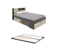 Lit avec tête de lit rangements et tiroirs - 120 x 190cm - Coloris : Naturel et anthracite + Sommier - LEANDRE