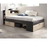 Lit avec tête de lit rangements et tiroirs - 120 x 190cm - Coloris : Naturel et anthracite + Sommier + Matelas - LEANDRE