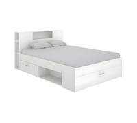 Lit avec tête de lit rangements et tiroirs - 140 x 190 cm - Coloris : Blanc - LEANDRE