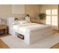 Vente-unique - Lit avec tête de lit rangements et tiroirs - 140 x 190 cm - Coloris : Blanc + Sommier - Leandre