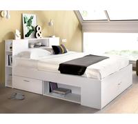 Lit avec tête de lit rangements et tiroirs - 140 x 190 cm - Coloris : Blanc + Sommier + Matelas - LEANDRE
