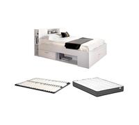 Lit avec tête de lit rangements et tiroirs - 140 x 190 cm - Coloris : Blanc + Sommier + Matelas - LEANDRE