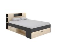 Lit avec tête de lit rangements et tiroirs - 140 x 190 cm - Coloris : Naturel et anthracite - LEANDRE