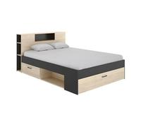 Lit avec tête de lit rangements et tiroirs - 140 x 190 cm - Coloris : Naturel et anthracite - LEANDRE