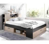 Lit avec tête de lit rangements et tiroirs - 140 x 190 cm - Coloris : Naturel et anthracite + Sommier - LEANDRE