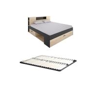 Lit avec tête de lit rangements et tiroirs - 140 x 190 cm - Coloris : Naturel et anthracite + Sommier - LEANDRE