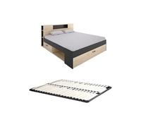 Lit avec tête de lit rangements et tiroirs - 140 x 190 cm - Coloris : Naturel et anthracite + Sommier - LEANDRE