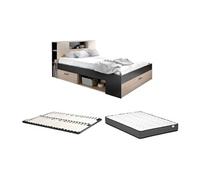 Lit avec tête de lit rangements et tiroirs - 140 x 190 cm - Coloris : Naturel et anthracite + Sommier + Matelas - LEANDRE