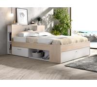 Lit avec tête de lit rangements et tiroirs - 140 x 190 cm - Coloris : Naturel et blanc - LEANDRE