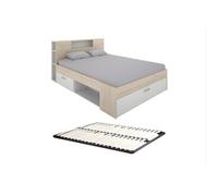 Lit avec tête de lit rangements et tiroirs - 140 x 190 cm - Coloris : Naturel et blanc + Sommier - LEANDRE