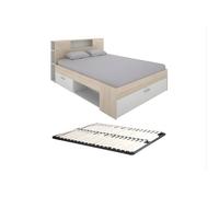 Lit avec tête de lit rangements et tiroirs - 140 x 190 cm - Coloris : Naturel et blanc + Sommier - LEANDRE