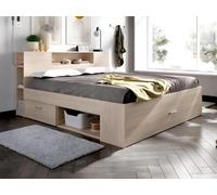 Lit avec tête de lit rangements et tiroirs - 140 x 190 cm - Coloris : Naturel - LEANDRE