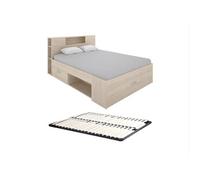 Lit avec tête de lit rangements et tiroirs - 140 x 190 cm - Coloris : Naturel + Sommier - LEANDRE